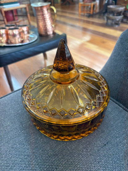 Indiana Glass Diamond Princess Covered Candy Dish — Amber Gold, Vintage - Loom Vintage