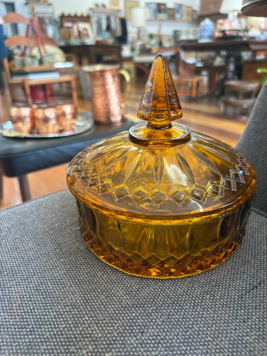 Indiana Glass Diamond Princess Covered Candy Dish — Amber Gold, Vintage - Loom Vintage
