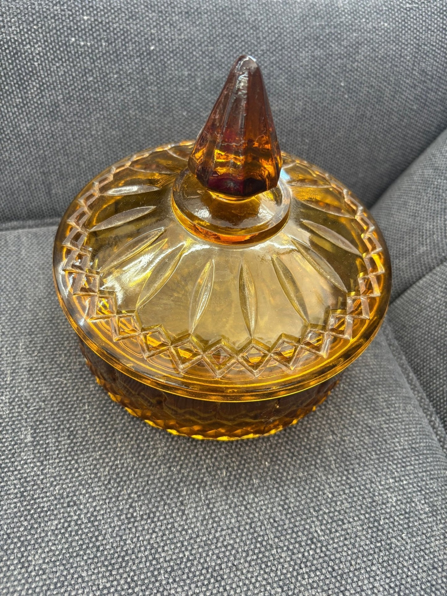 Indiana Glass Diamond Princess Covered Candy Dish — Amber Gold, Vintage - Loom Vintage
