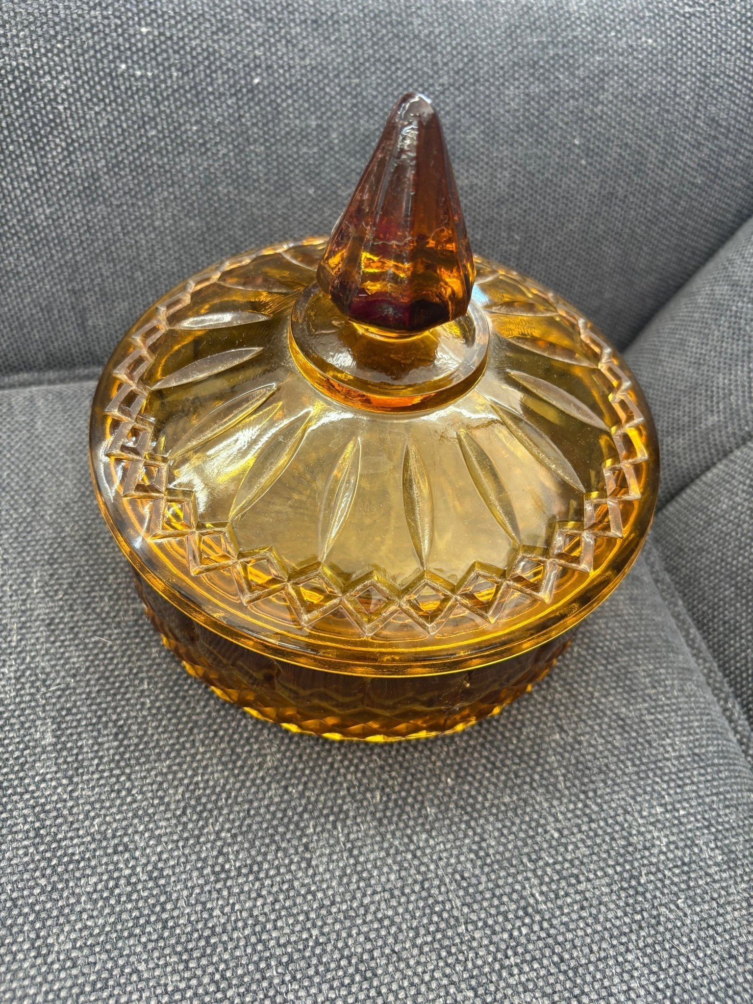 Indiana Glass Diamond Princess Covered Candy Dish — Amber Gold, Vintage - Loom Vintage