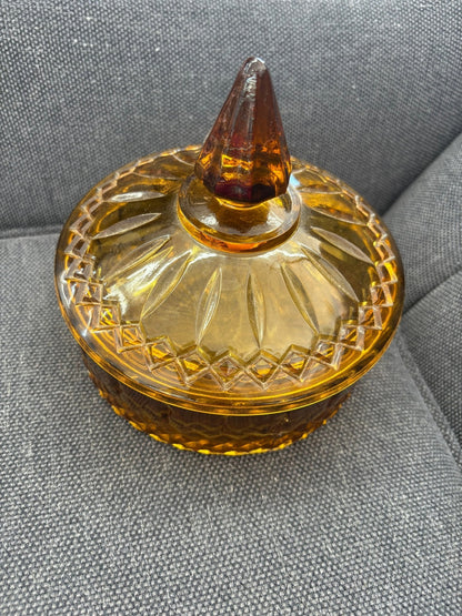 Indiana Glass Diamond Princess Covered Candy Dish — Amber Gold, Vintage - Loom Vintage