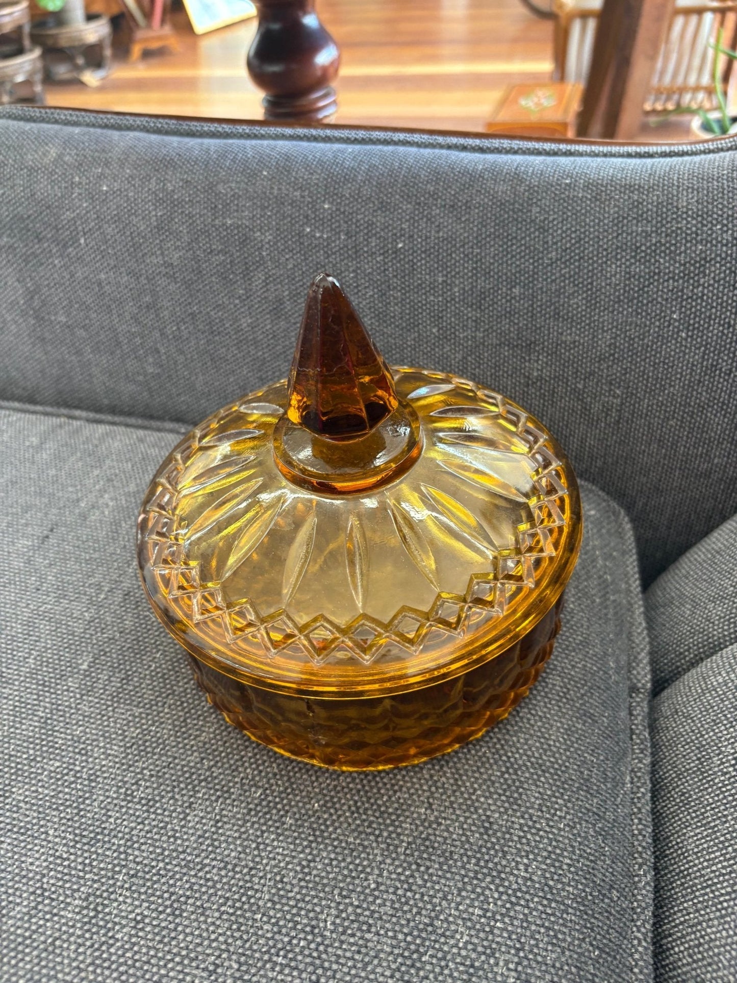 Indiana Glass Diamond Princess Covered Candy Dish — Amber Gold, Vintage - Loom Vintage