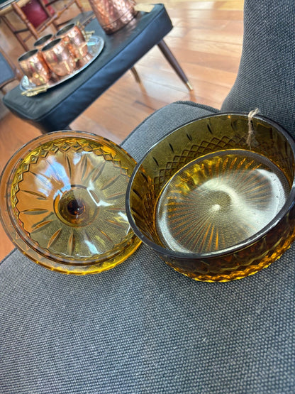 Indiana Glass Diamond Princess Covered Candy Dish — Amber Gold, Vintage - Loom Vintage