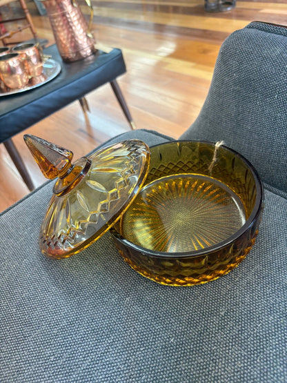Indiana Glass Diamond Princess Covered Candy Dish — Amber Gold, Vintage - Loom Vintage