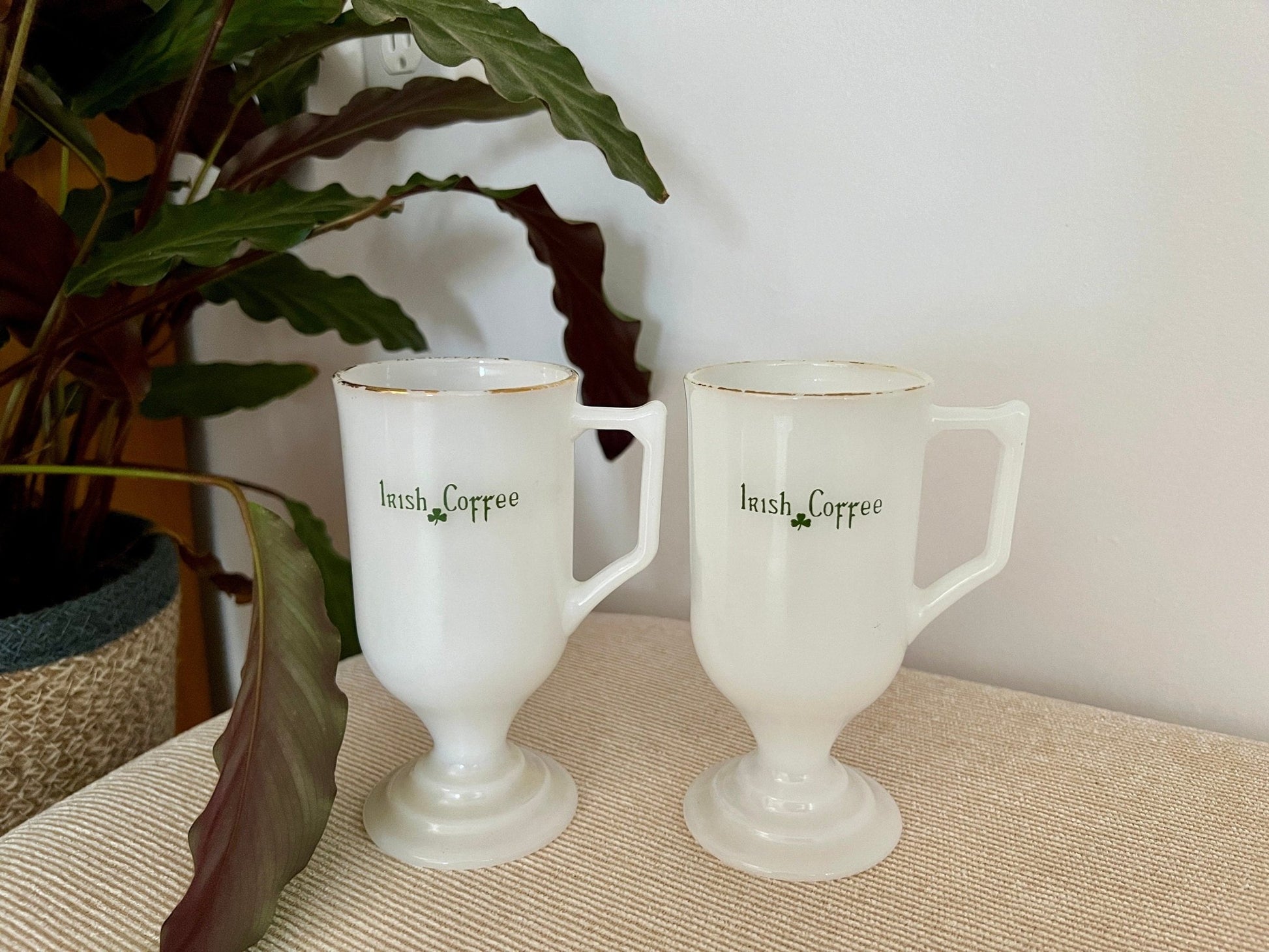Irish Coffee Milk Glass Mugs. Set of 2. Federal Glass. Shamrock with Gold Trim. St. Patrick's Day. Vintage Mugs - Loom Vintage