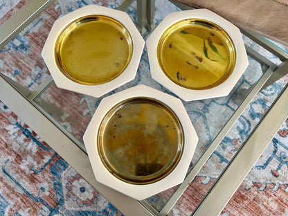 Italian Brass Dishes with Cream Octagonal Frame, Set of 3 — 7.25", Made in Italy - Loom Vintage