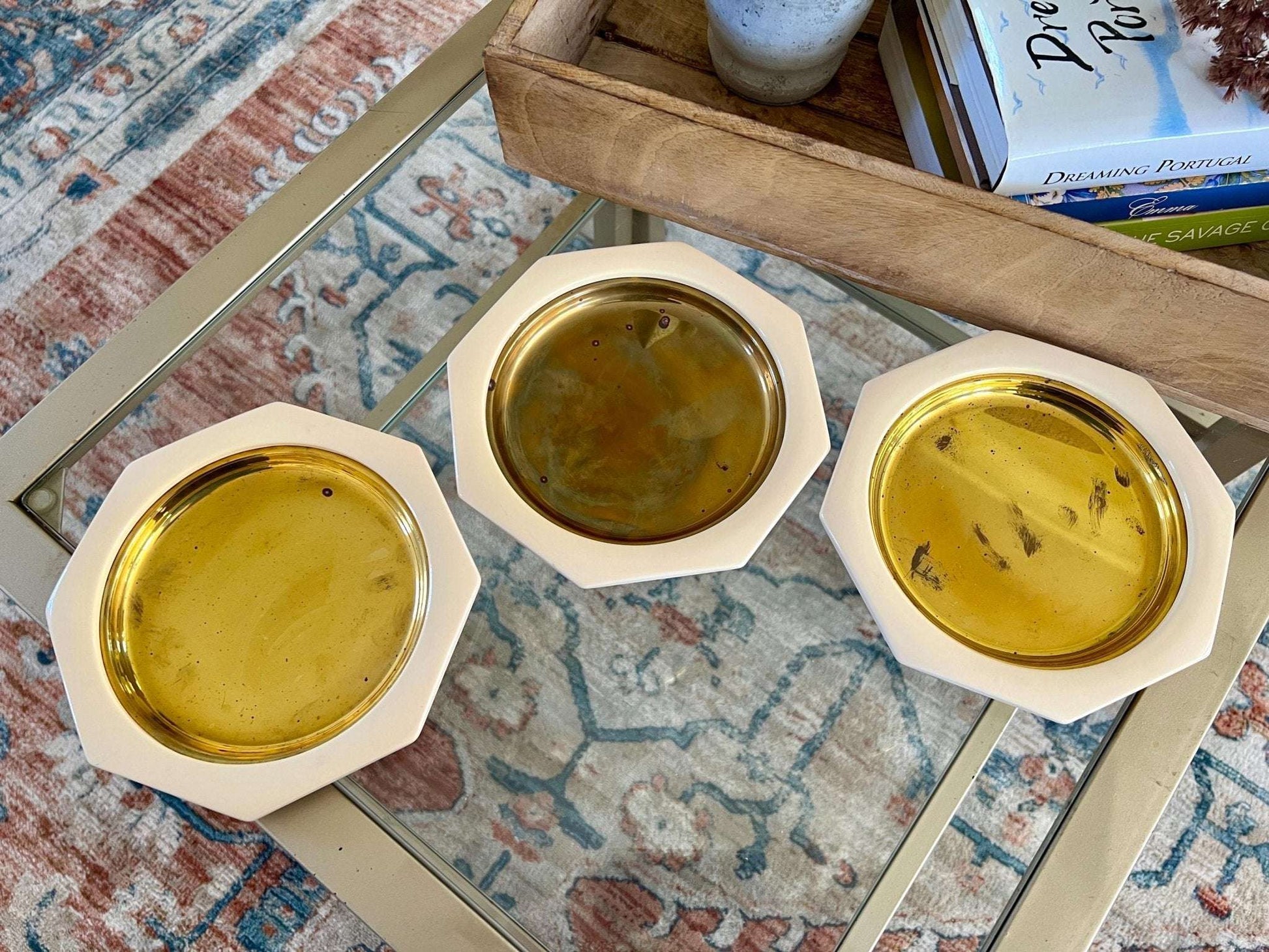 Italian Brass Dishes with Cream Octagonal Frame, Set of 3 — 7.25", Made in Italy - Loom Vintage