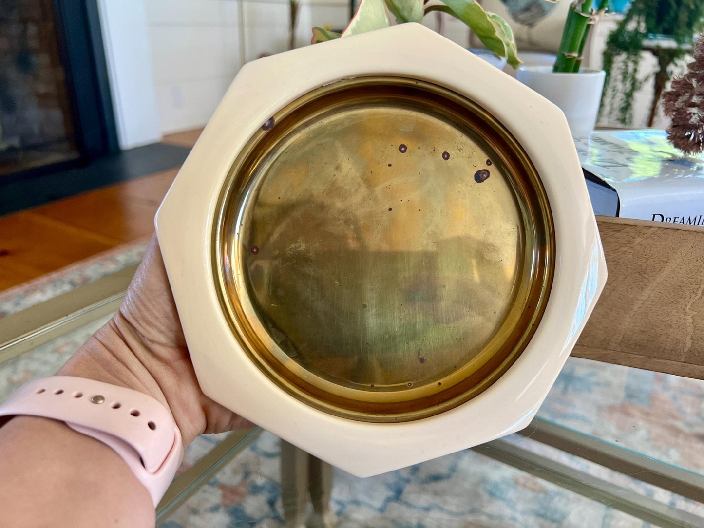 Italian Brass Dishes with Cream Octagonal Frame, Set of 3 — 7.25", Made in Italy - Loom Vintage