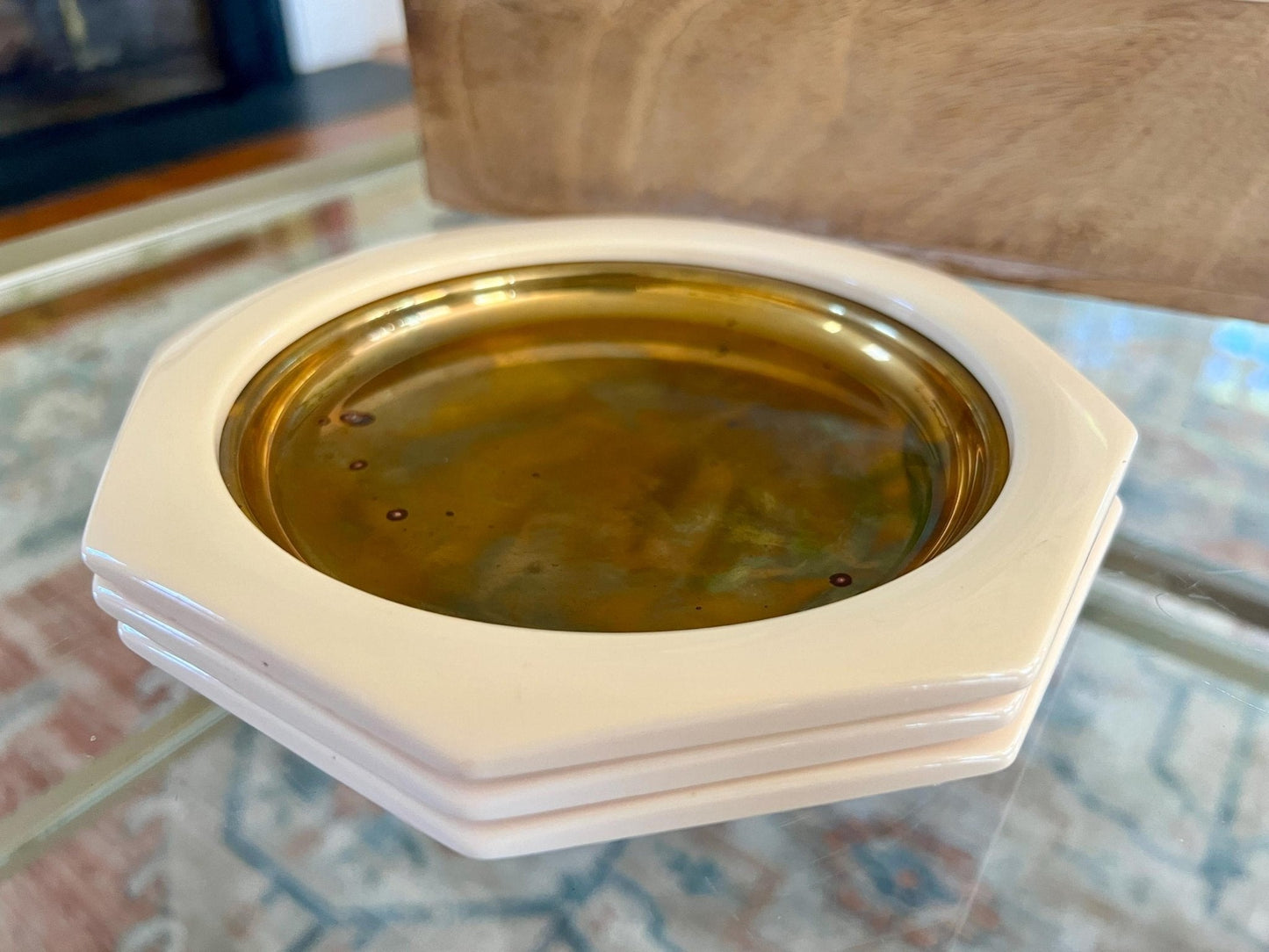 Italian Brass Dishes with Cream Octagonal Frame, Set of 3 — 7.25", Made in Italy - Loom Vintage