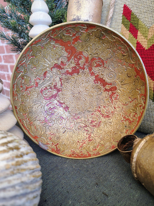Italian Brass and Red Etched Christmas Decorative Bowl, Florentine Style, photo 1 of 8