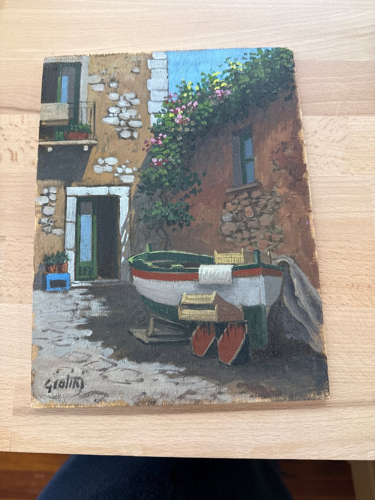 Italian Coastal Courtyard Scene Painting on Wood Signed "Giolin" - Loom Vintage