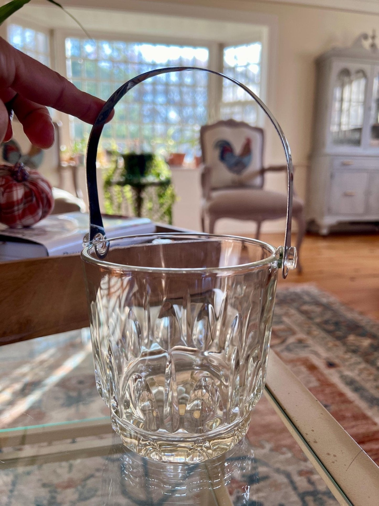 Italian Glass Ice Bucket with Removable Silver Handle — 6.5"W, 9"H with Handle, Made in Italy - Loom Vintage