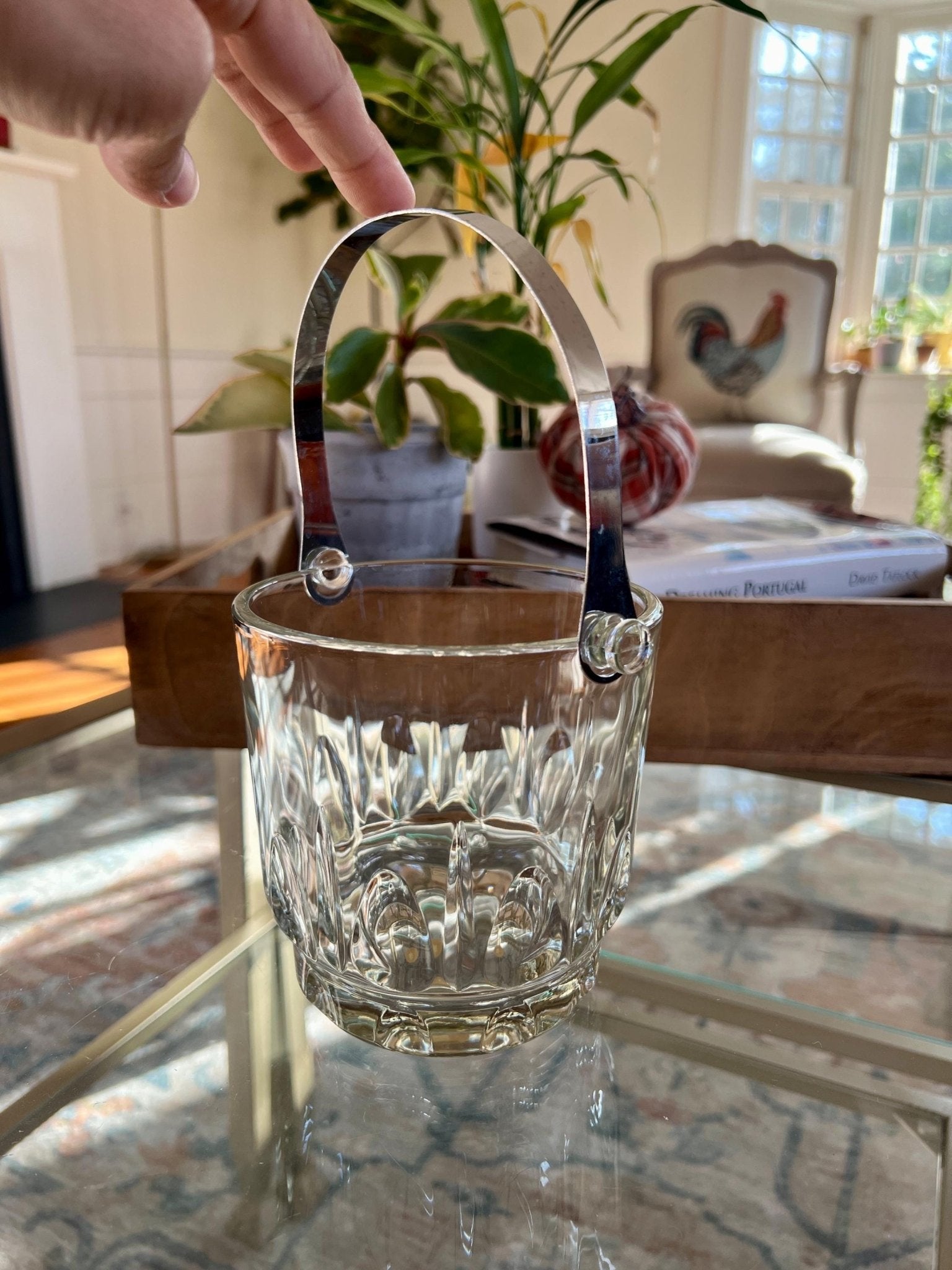 Italian Glass Ice Bucket with Removable Silver Handle — 6.5"W, 9"H with Handle, Made in Italy - Loom Vintage