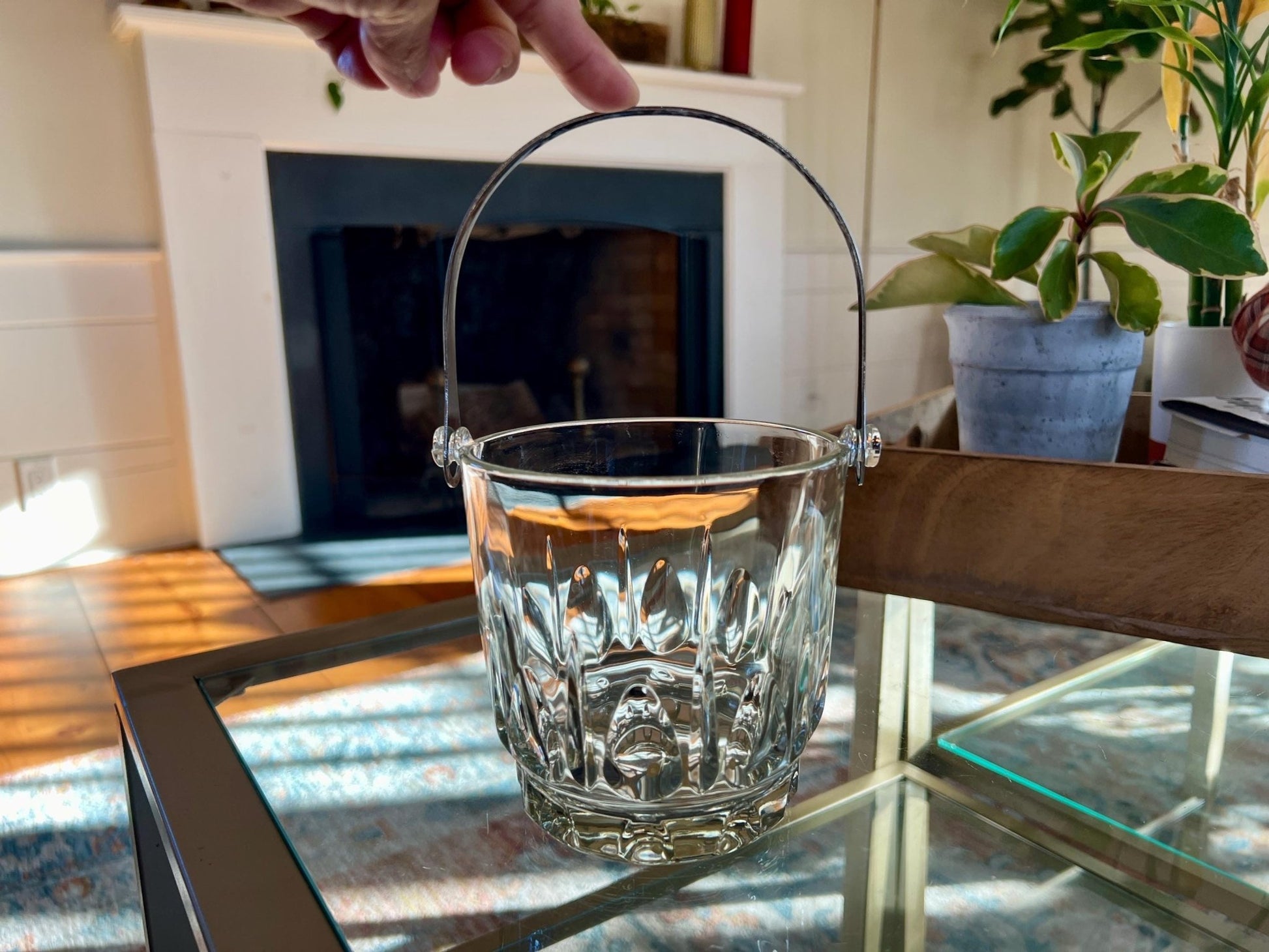 Italian Glass Ice Bucket with Removable Silver Handle — 6.5"W, 9"H with Handle, Made in Italy - Loom Vintage