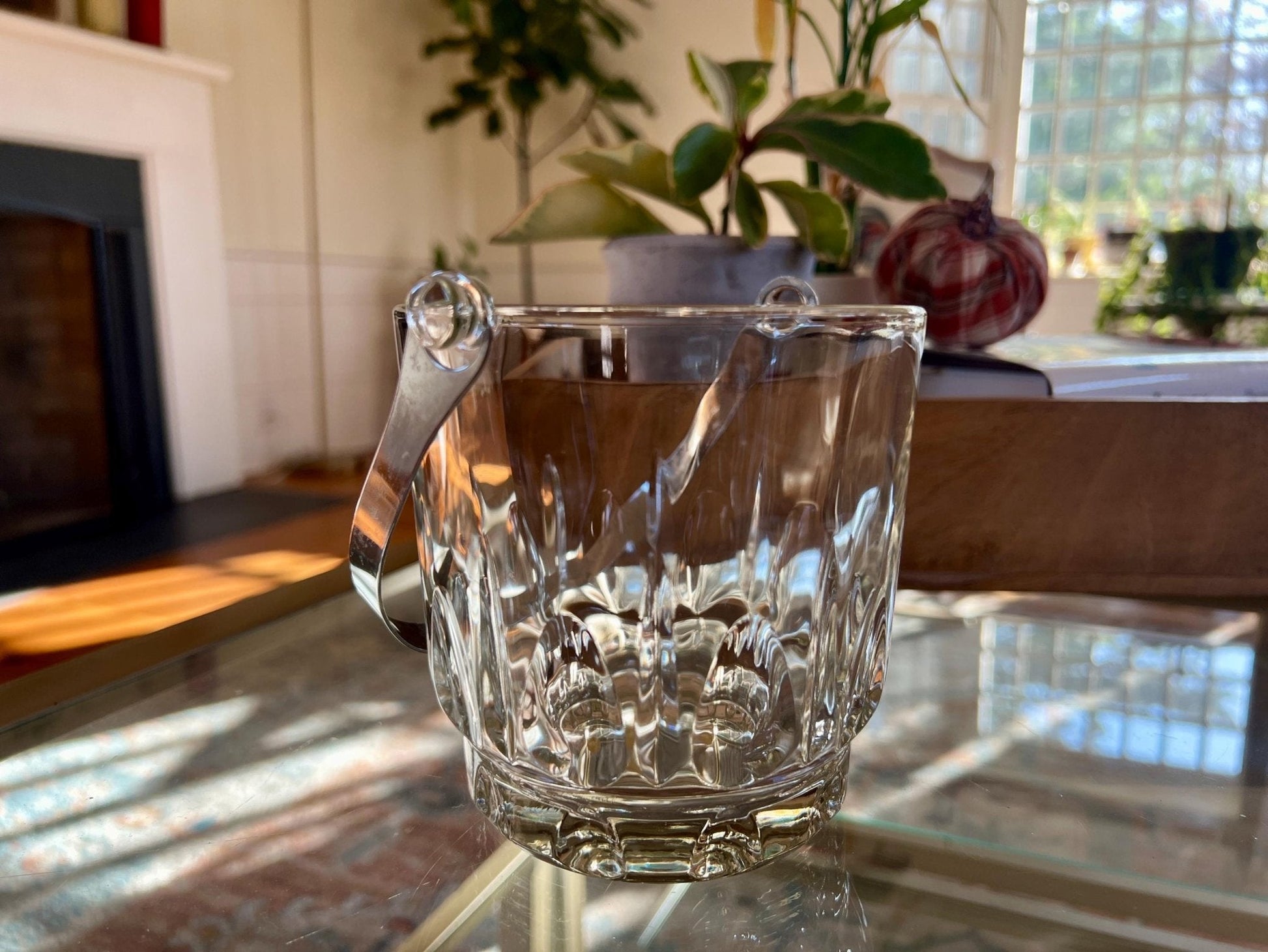 Italian Glass Ice Bucket with Removable Silver Handle — 6.5"W, 9"H with Handle, Made in Italy - Loom Vintage