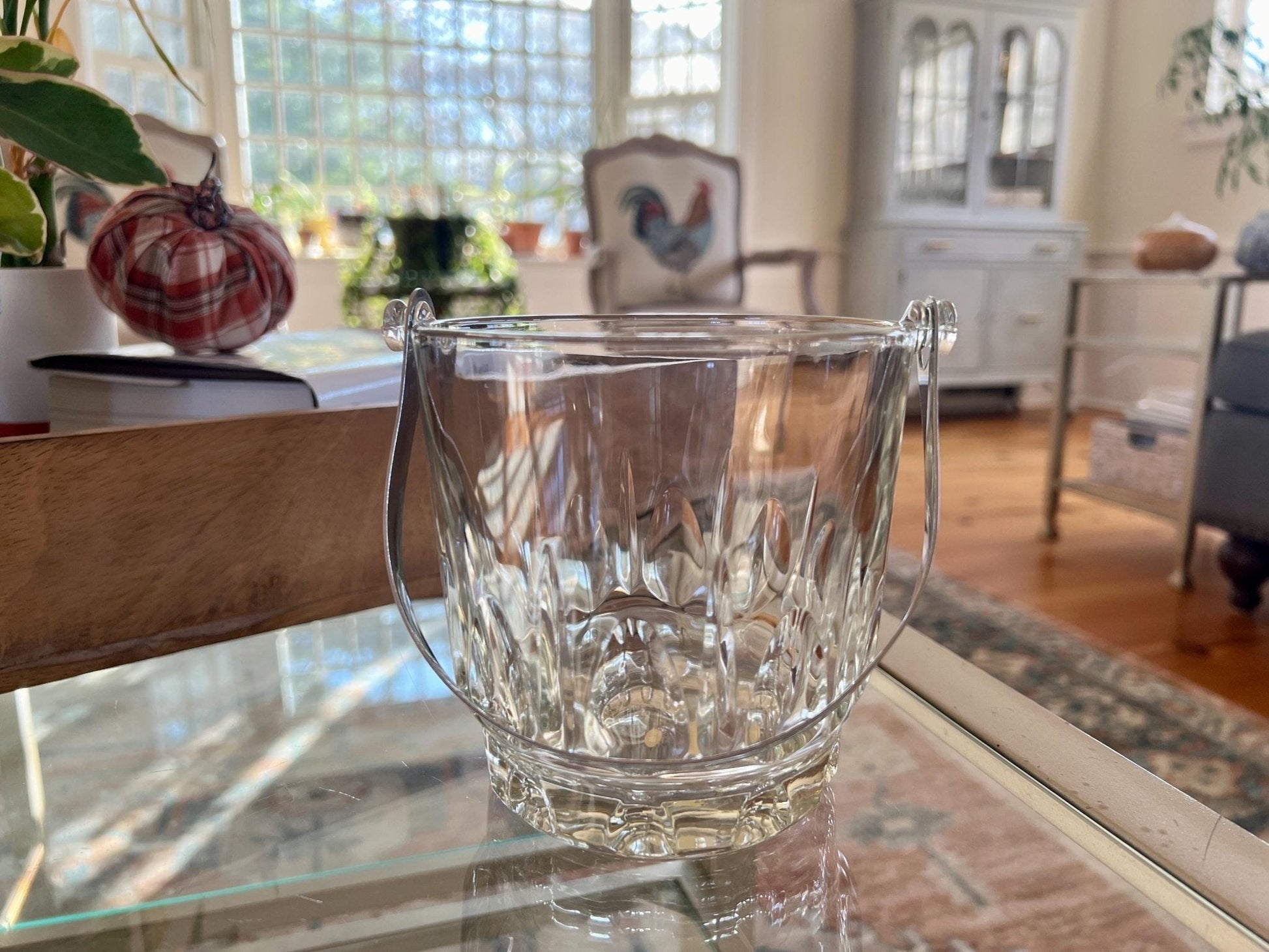 Italian Glass Ice Bucket with Removable Silver Handle — 6.5"W, 9"H with Handle, Made in Italy - Loom Vintage