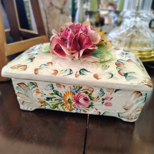 Italian Hand-Painted Pottery Trinket Box — Sculpted Floral Lid, Pink & Yellow, c. Early 20th Century - Loom Vintage