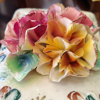 Italian Hand-Painted Pottery Trinket Box — Sculpted Floral Lid, Pink & Yellow, c. Early 20th Century - Loom Vintage