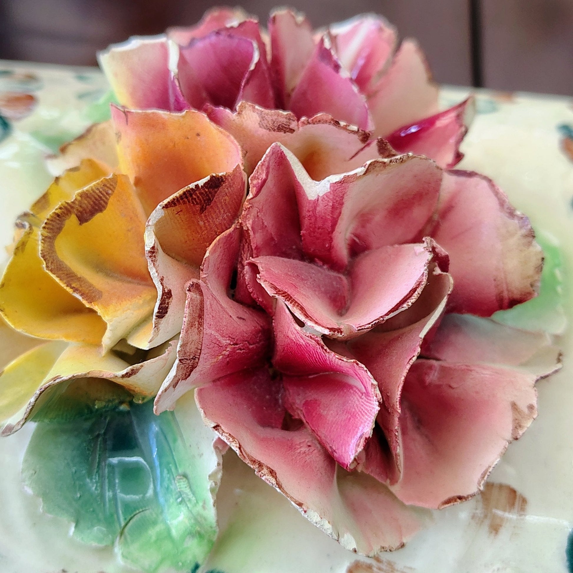 Italian Hand-Painted Pottery Trinket Box — Sculpted Floral Lid, Pink & Yellow, c. Early 20th Century - Loom Vintage