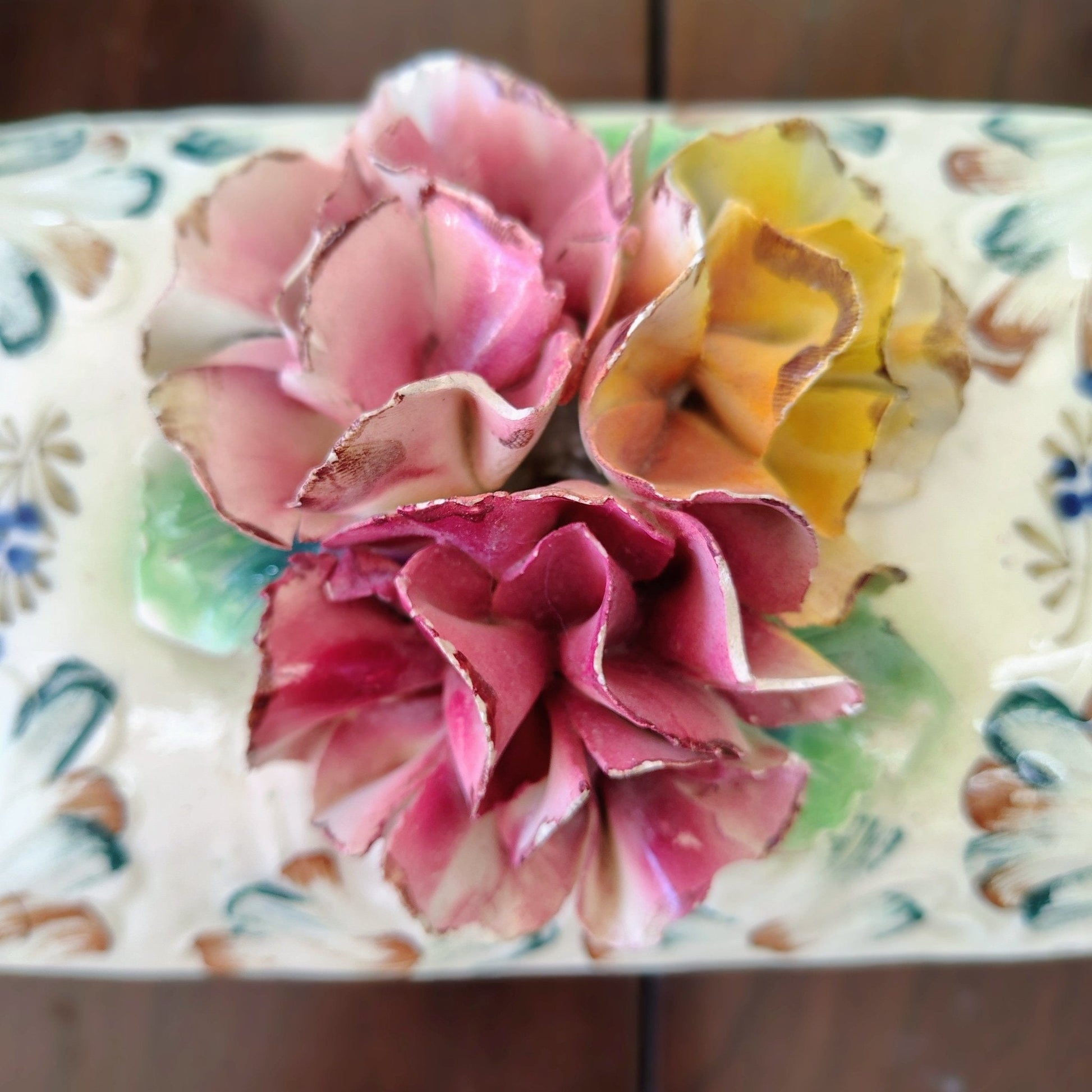 Italian Hand-Painted Pottery Trinket Box — Sculpted Floral Lid, Pink & Yellow, c. Early 20th Century - Loom Vintage