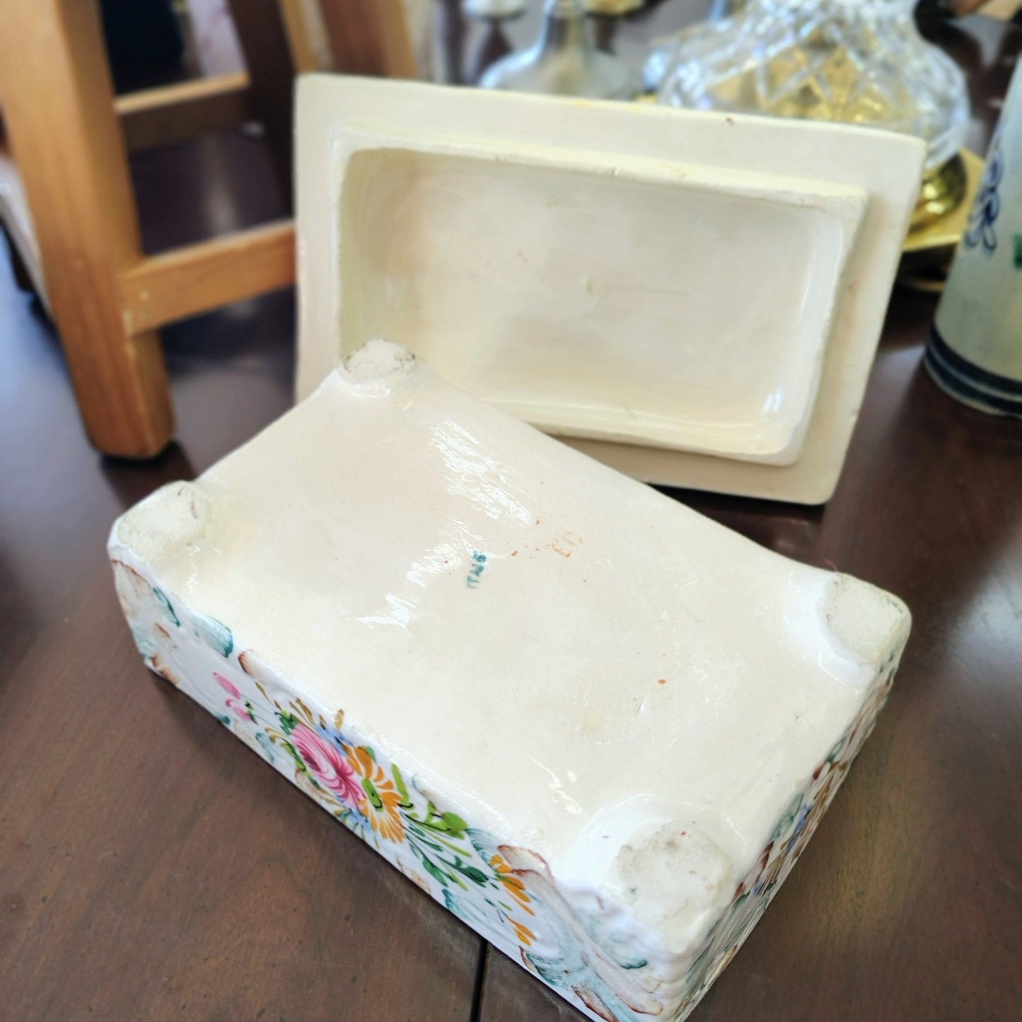 Italian Hand-Painted Pottery Trinket Box — Sculpted Floral Lid, Pink & Yellow, c. Early 20th Century - Loom Vintage
