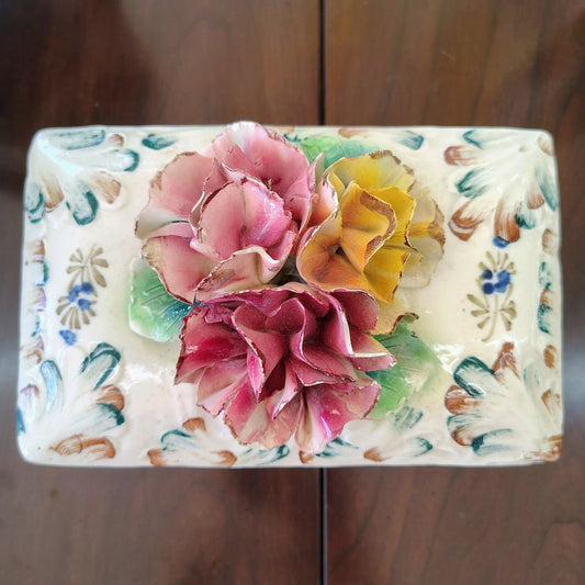 Italian Hand-Painted Pottery Trinket Box — Sculpted Floral Lid, Pink & Yellow, c. Early 20th Century - Loom Vintage
