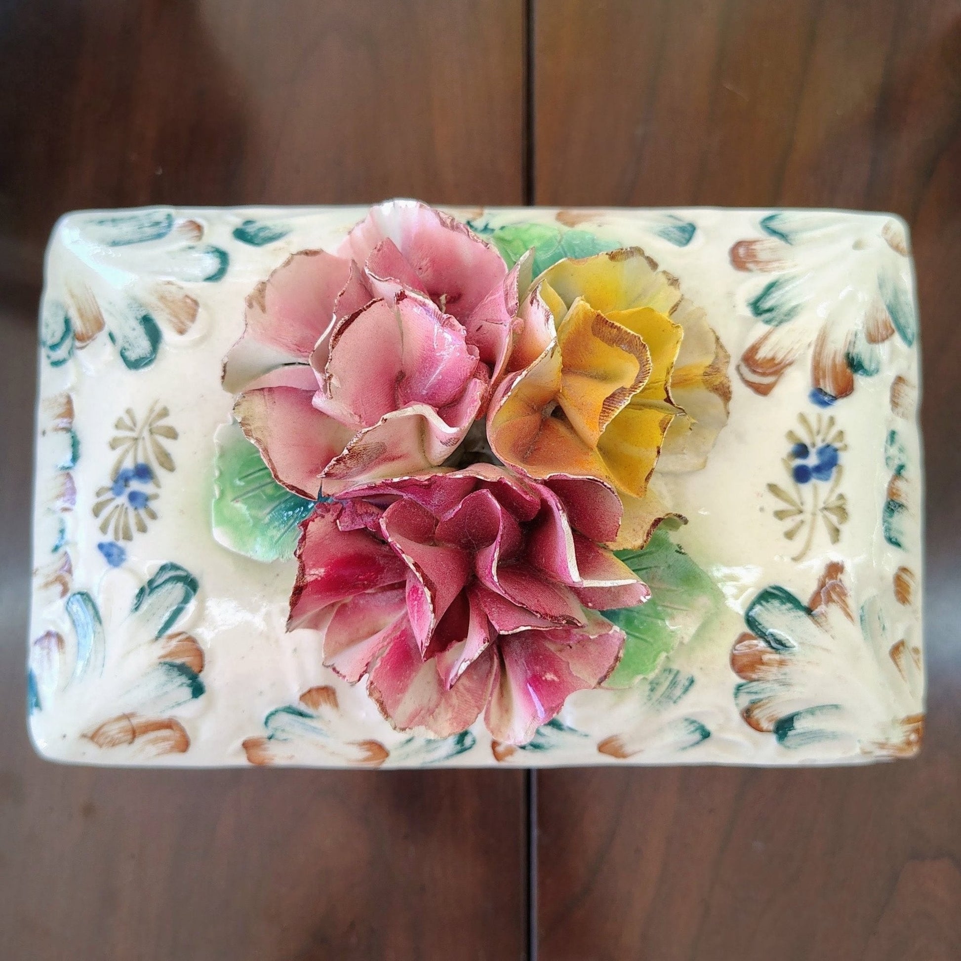 Italian Hand-Painted Pottery Trinket Box — Sculpted Floral Lid, Pink & Yellow, c. Early 20th Century - Loom Vintage