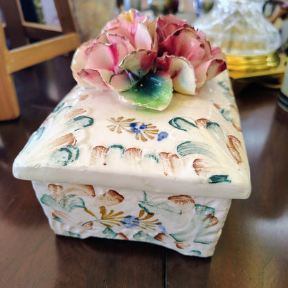 Italian Hand-Painted Pottery Trinket Box — Sculpted Floral Lid, Pink & Yellow, c. Early 20th Century - Loom Vintage