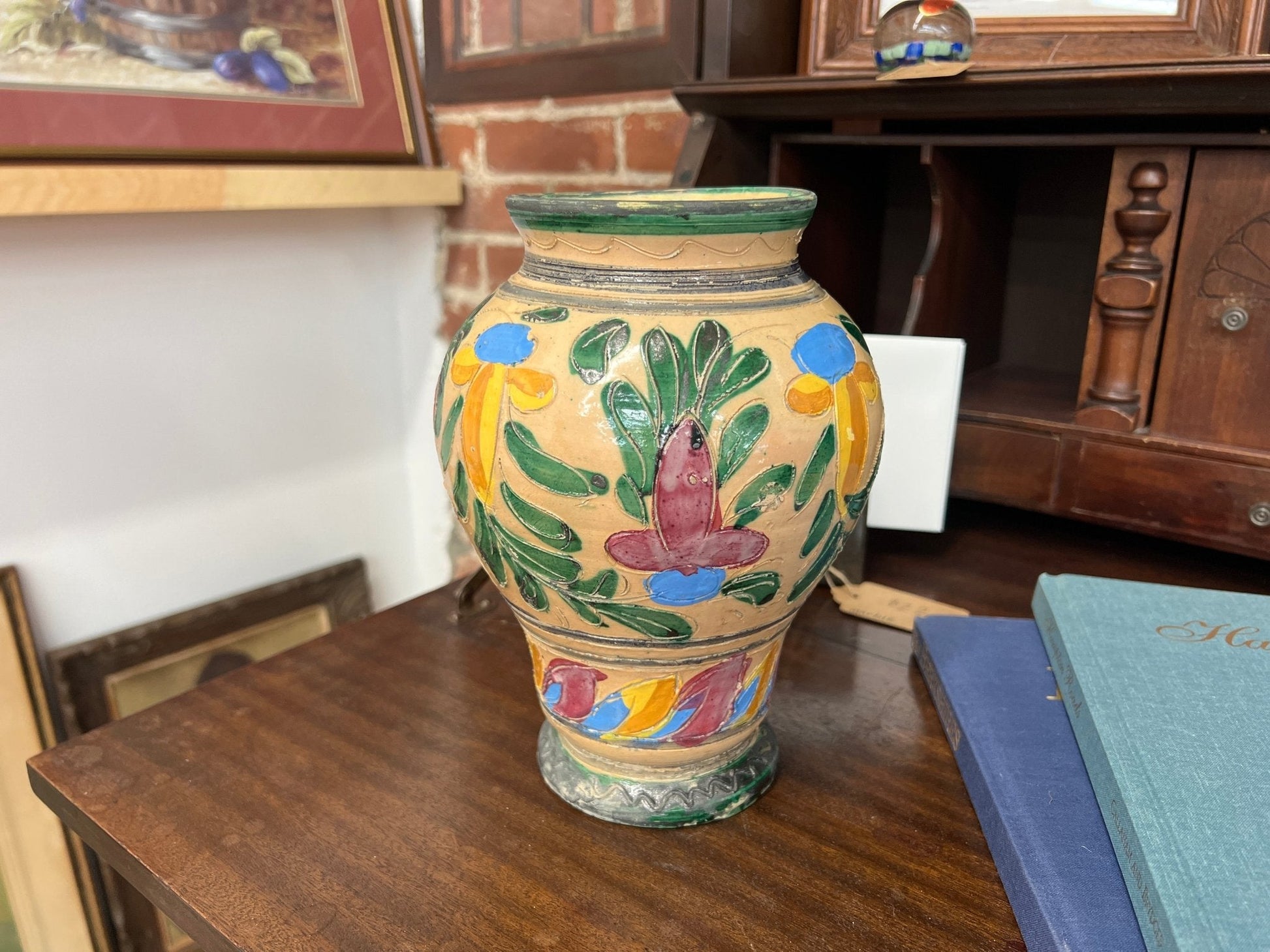 Italian Majolica Floral Vase — Hand - Painted Tin - Glazed Earthenware, Deruta Style, 9" - Loom Vintage
