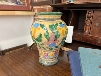 Italian Majolica Floral Vase — Hand - Painted Tin - Glazed Earthenware, Deruta Style, 9" - Loom Vintage