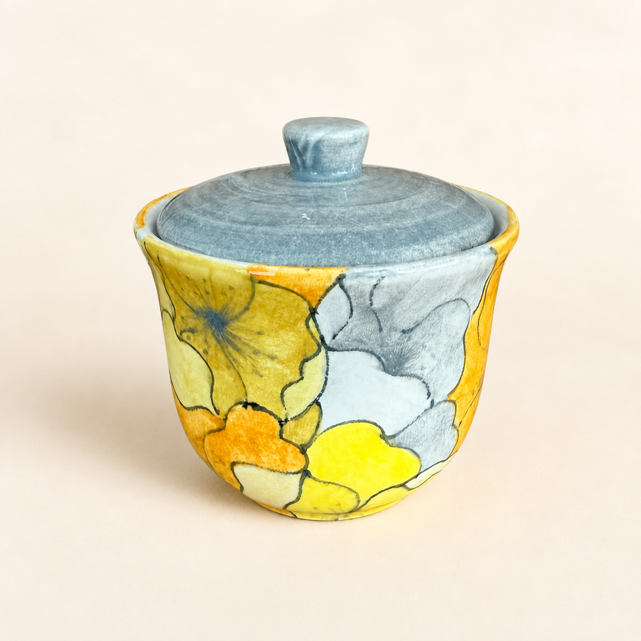 Italian Hand-Painted Lidded Sugar Bowl, Mod Floral, Yellow & Grey