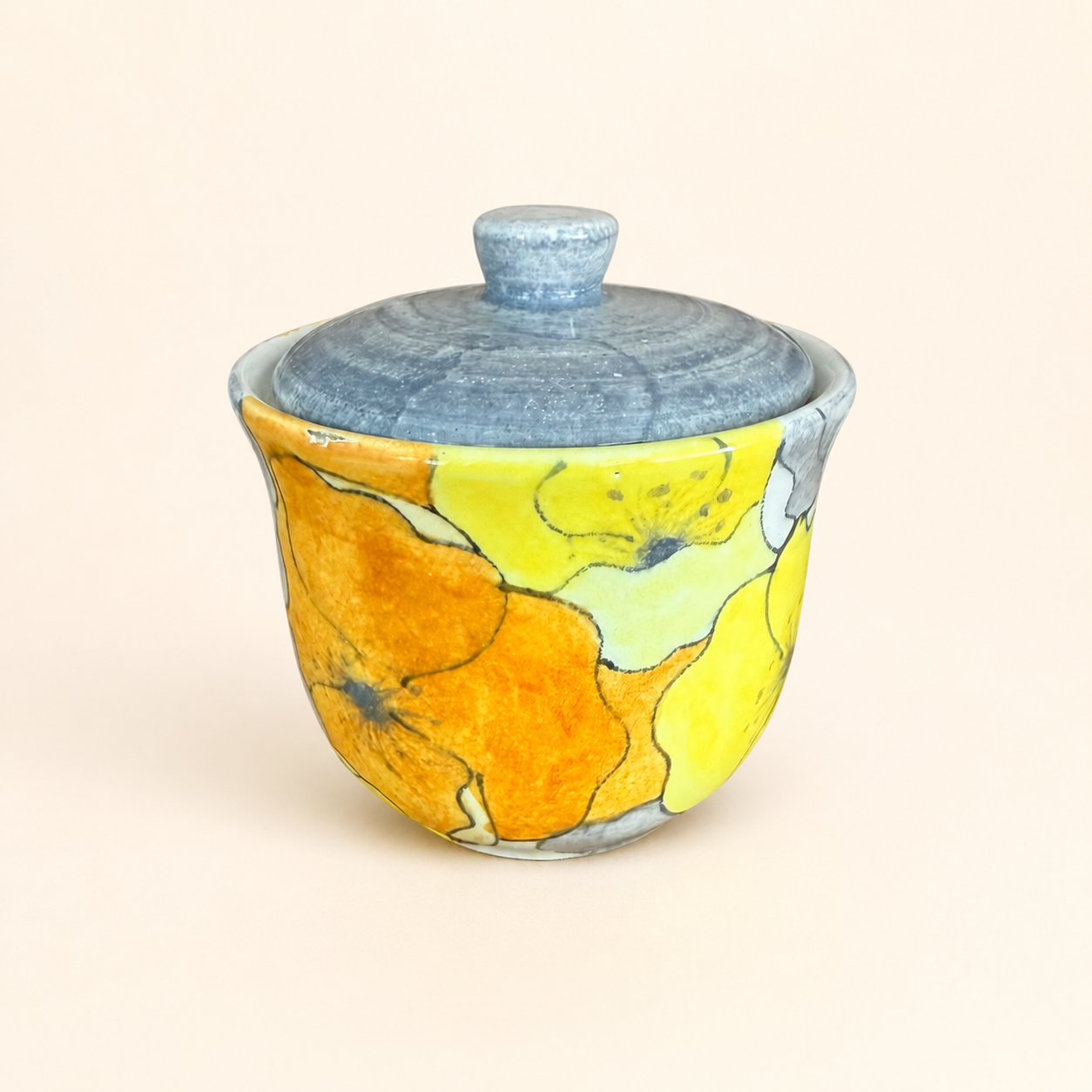 Italian Hand-Painted Lidded Sugar Bowl, Mod Floral, Yellow & Grey