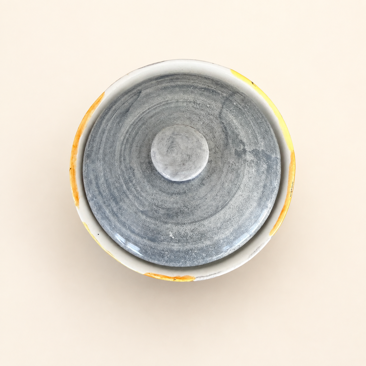 Italian Hand-Painted Lidded Sugar Bowl, Mod Floral, Yellow & Grey