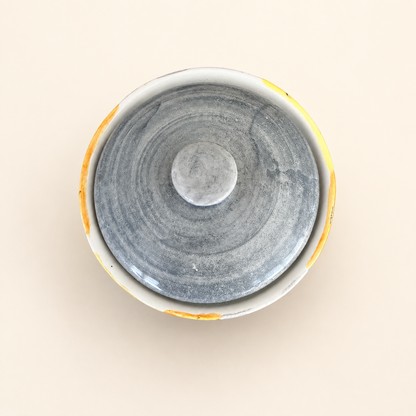 Italian Hand-Painted Lidded Sugar Bowl, Mod Floral, Yellow & Grey