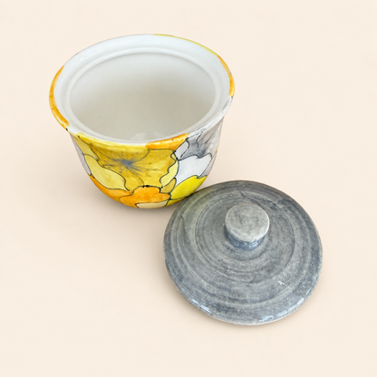 Italian Hand-Painted Lidded Sugar Bowl, Mod Floral, Yellow & Grey