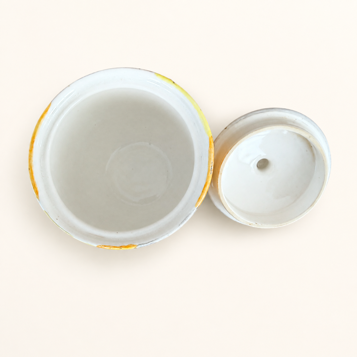 Italian Hand-Painted Lidded Sugar Bowl, Mod Floral, Yellow & Grey