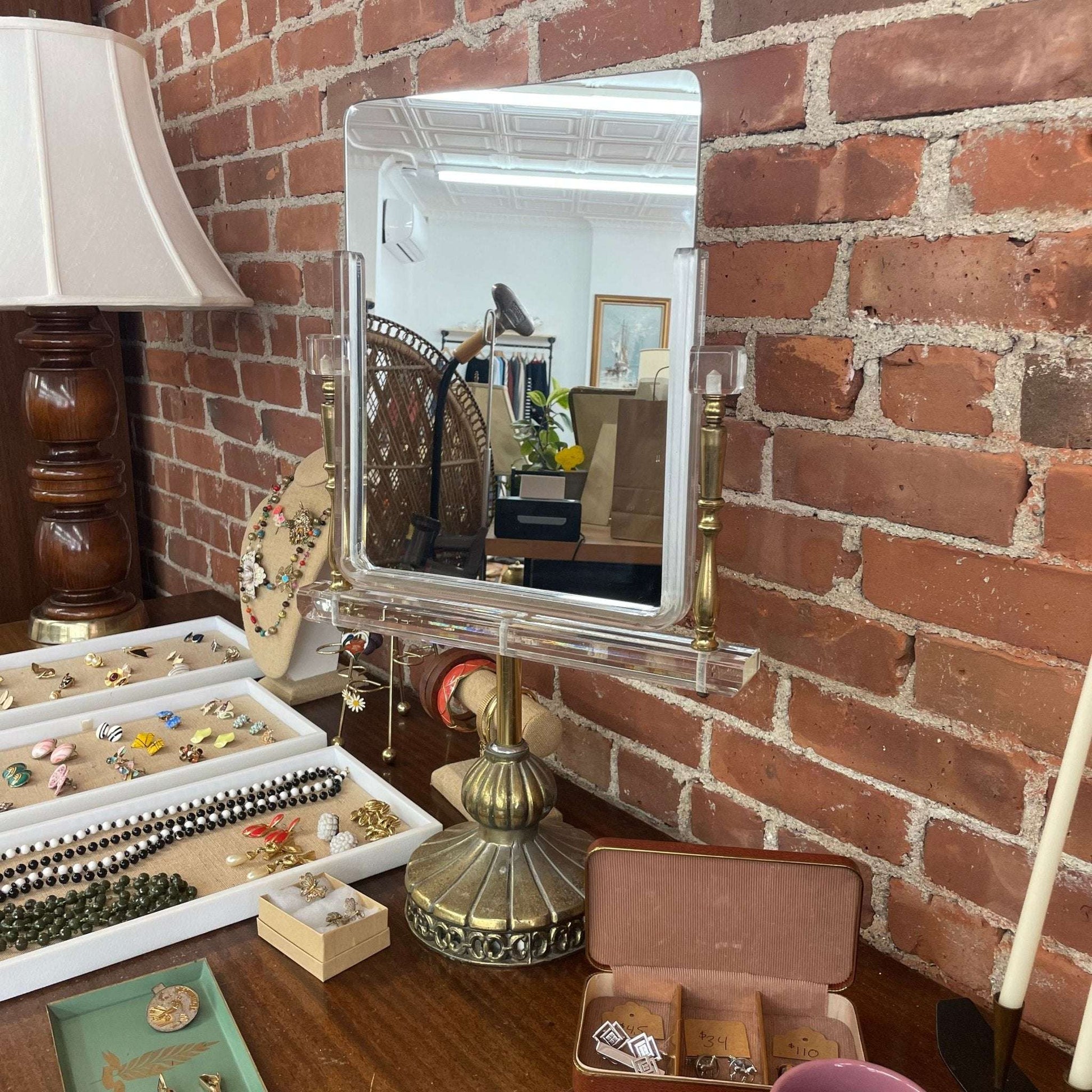 J. Albert Johnson Jewelers Display Mirror — Engraved Brass & Lucite, Cast Brass Base, 24″ - Loom Vintage