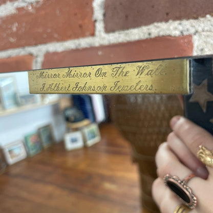 J. Albert Johnson Jewelers Display Mirror — Engraved Brass & Lucite, Cast Brass Base, 24″ - Loom Vintage