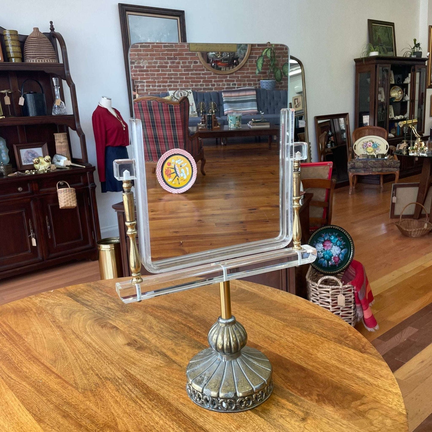 J. Albert Johnson Jewelers Display Mirror — Engraved Brass & Lucite, Cast Brass Base, 24″ - Loom Vintage