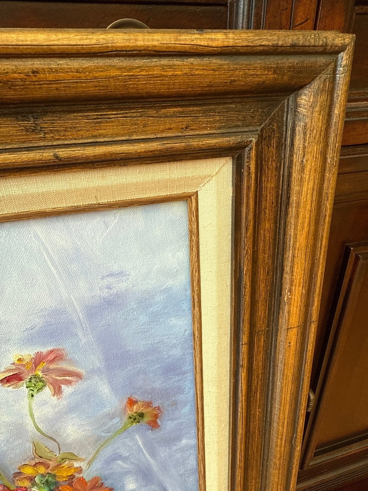 J. Hudock Oil on Canvas — Floral Still Life with Fruit, Monroe CT, Framed 30" × 26" - Loom Vintage