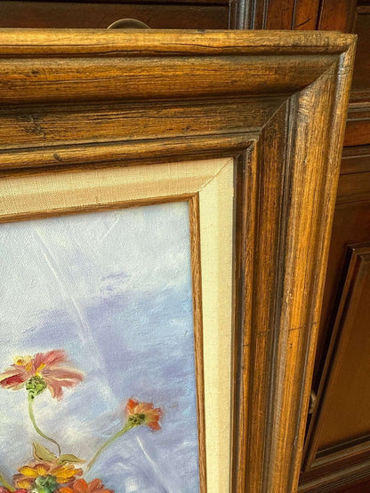 J. Hudock Oil on Canvas — Floral Still Life with Fruit, Monroe CT, Framed 30" × 26" - Loom Vintage