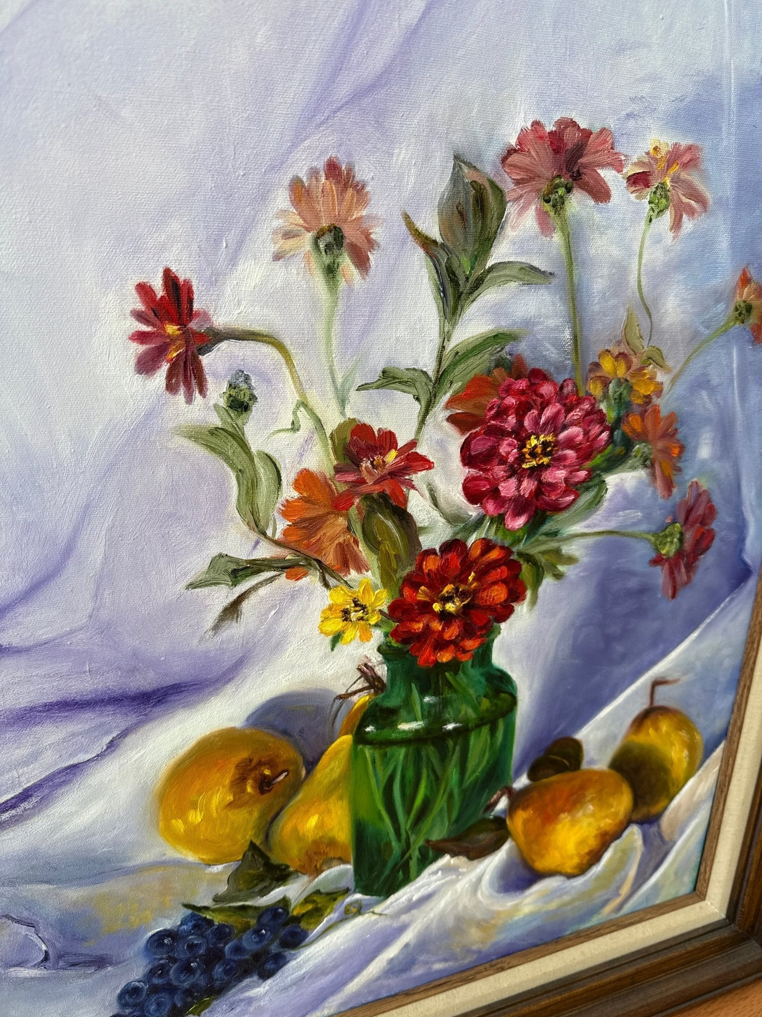 J. Hudock Oil on Canvas — Floral Still Life with Fruit, Monroe CT, Framed 30" × 26" - Loom Vintage