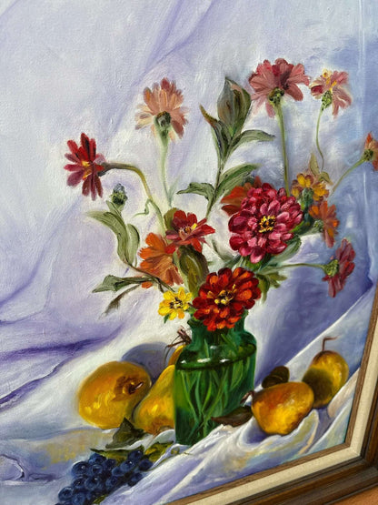 J. Hudock Oil on Canvas — Floral Still Life with Fruit, Monroe CT, Framed 30" × 26" - Loom Vintage