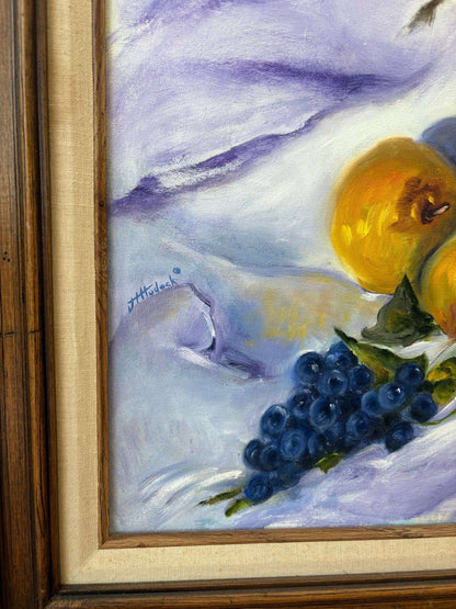 J. Hudock Oil on Canvas — Floral Still Life with Fruit, Monroe CT, Framed 30" × 26" - Loom Vintage