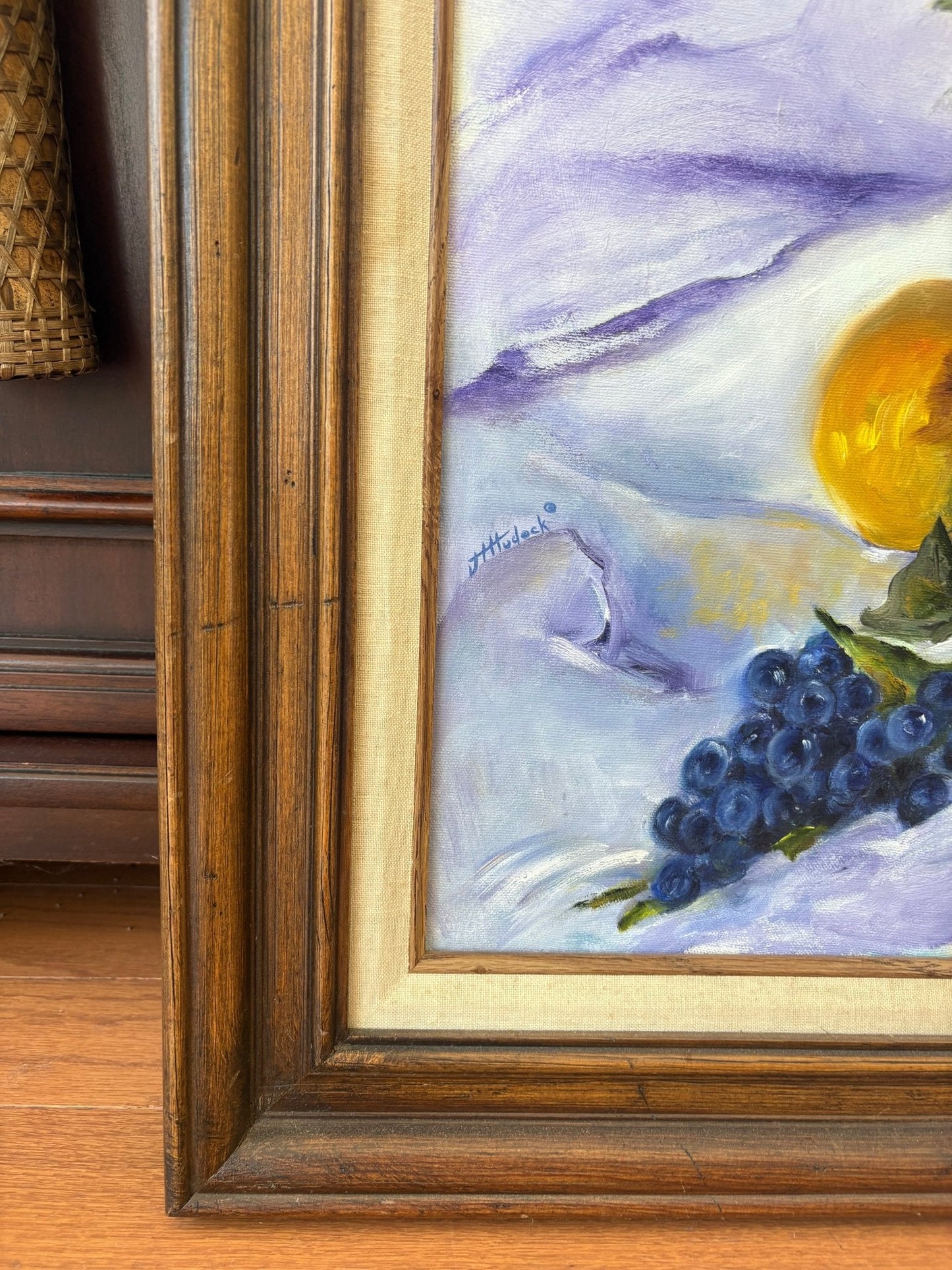 J. Hudock Oil on Canvas — Floral Still Life with Fruit, Monroe CT, Framed 30" × 26" - Loom Vintage