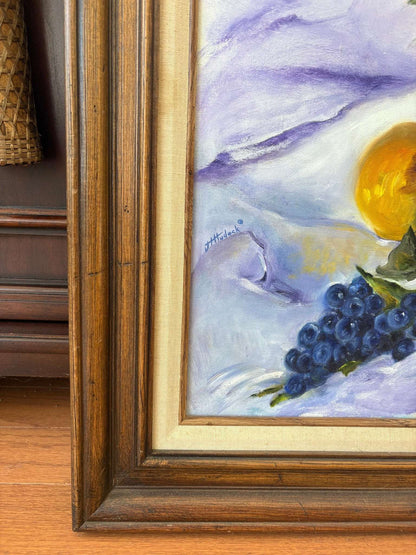 J. Hudock Oil on Canvas — Floral Still Life with Fruit, Monroe CT, Framed 30" × 26" - Loom Vintage