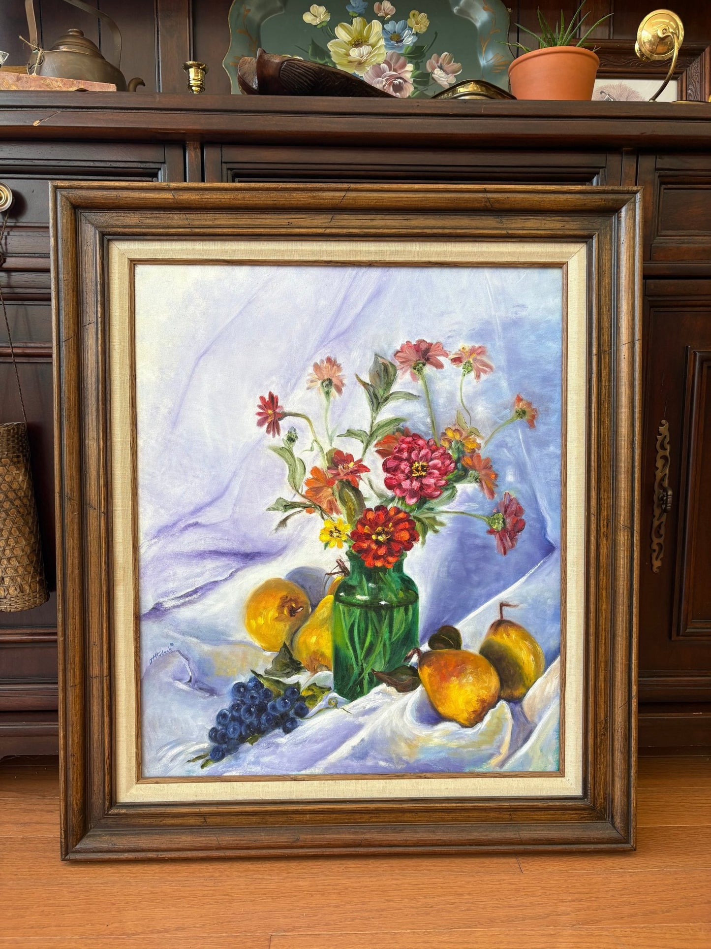 J. Hudock Oil on Canvas — Floral Still Life with Fruit, Monroe CT, Framed 30" × 26" - Loom Vintage
