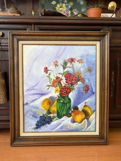 J. Hudock Oil on Canvas — Floral Still Life with Fruit, Monroe CT, Framed 30" × 26" - Loom Vintage