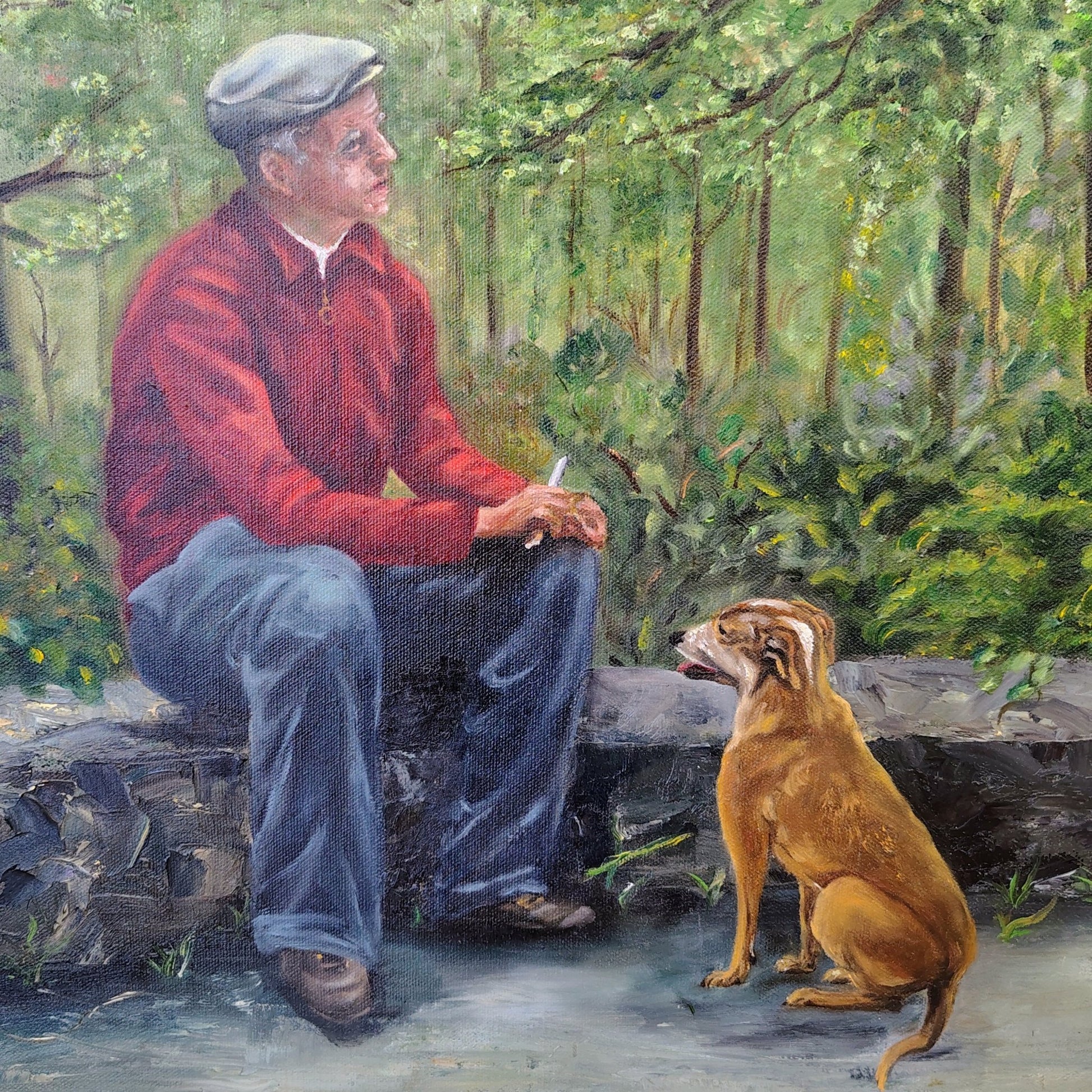 J. Hudock Oil on Canvas — Man with Dog in Woodland, Monroe CT, Framed - Loom Vintage