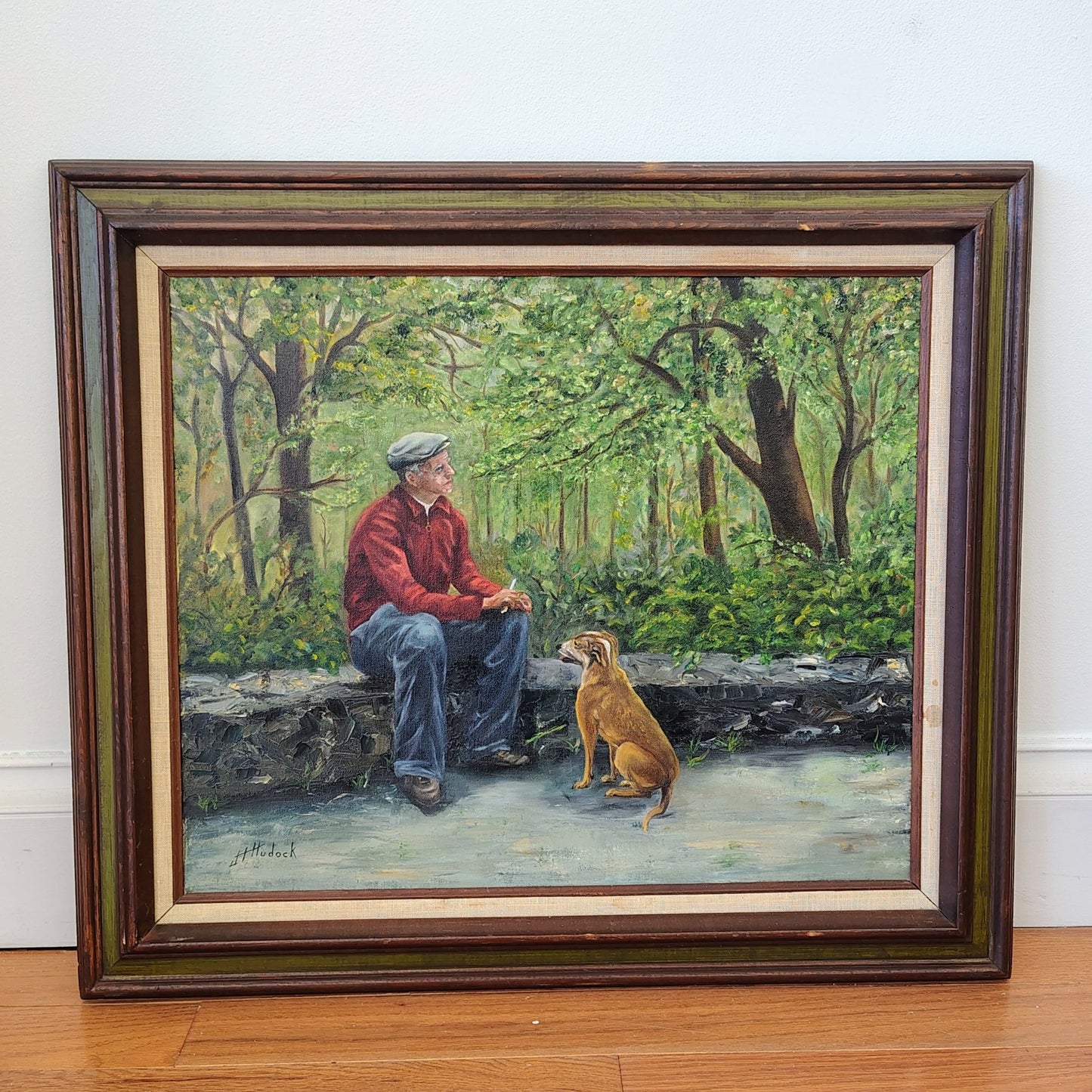 J. Hudock Oil on Canvas — Man with Dog in Woodland, Monroe CT, Framed - Loom Vintage